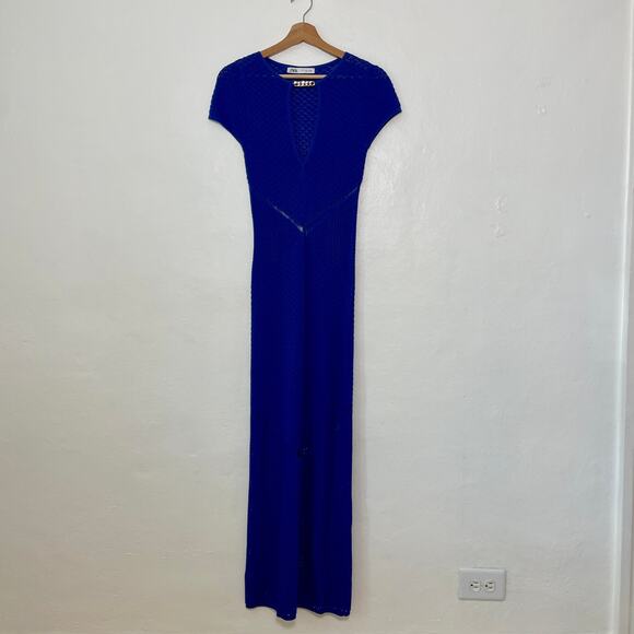 Zara – Cobalt Blue Open Crochet Knit Chain Detail Fitted Maxi Dress - Picture 1 of 8